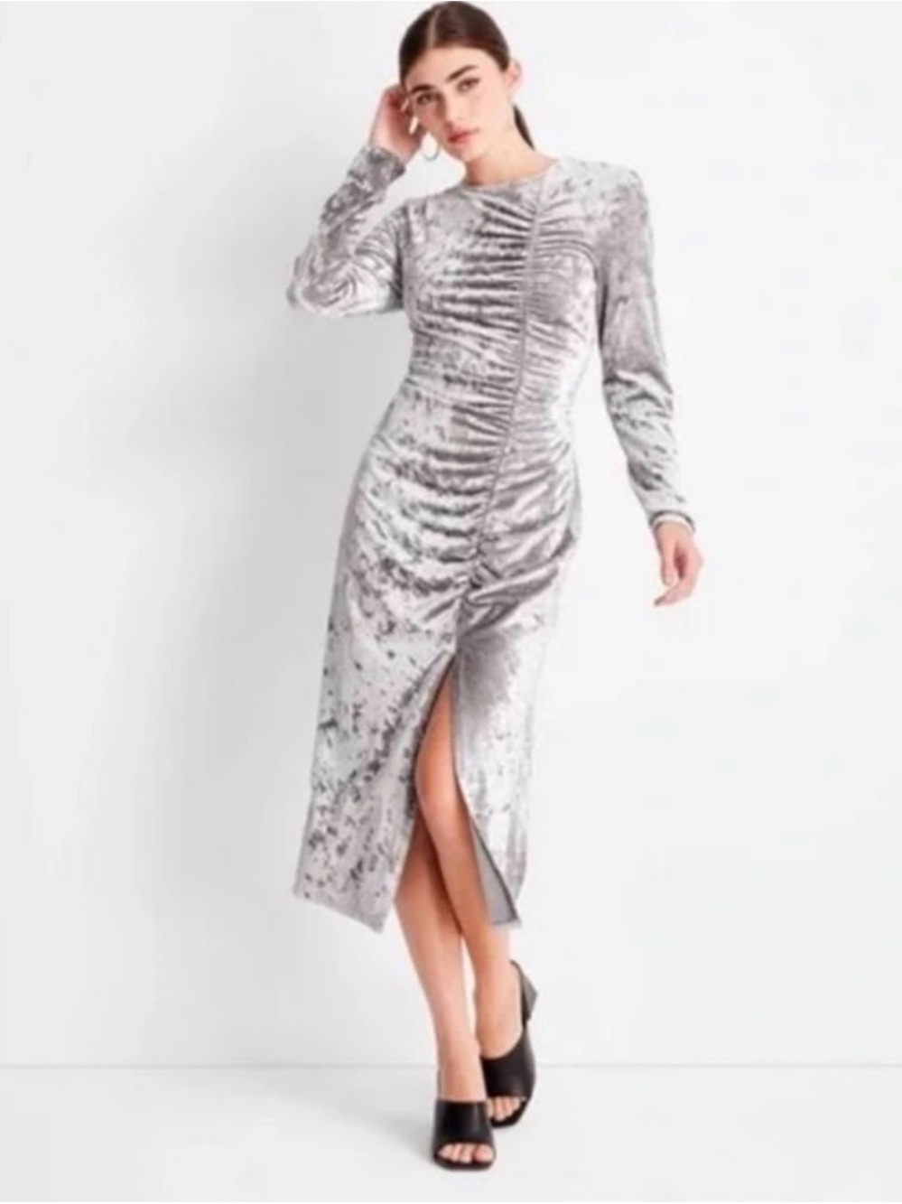 Crushed Velvet Ruched Midi Dress in Silver